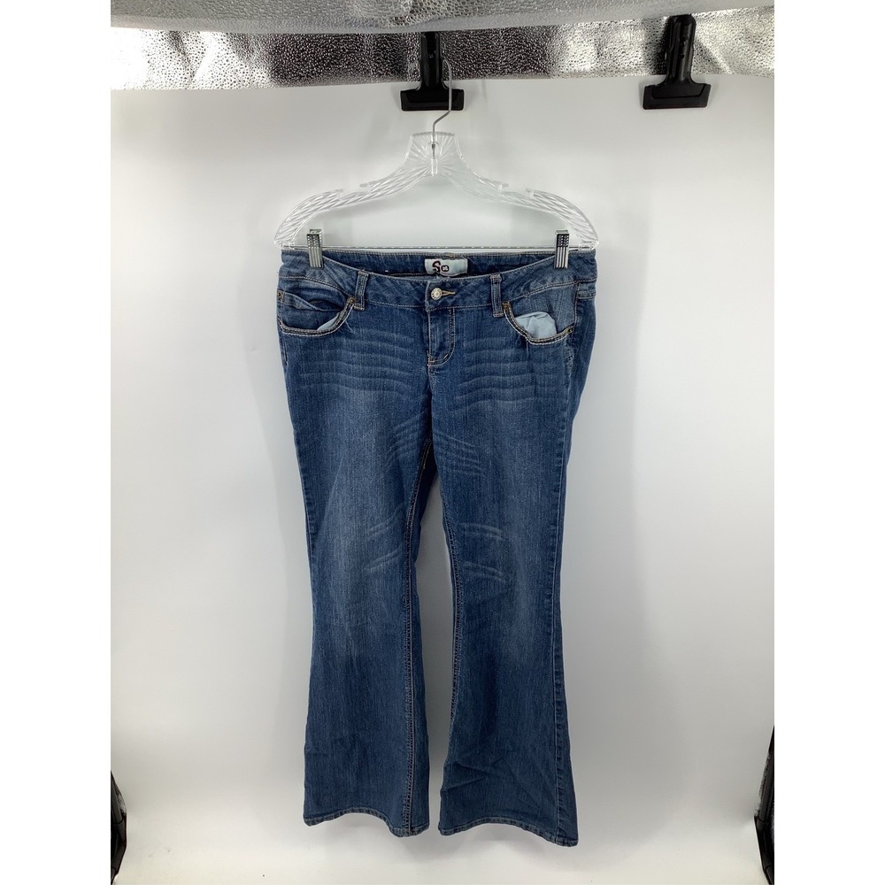 SO Womens Size 9 Medium Wash Blue Bootcut Jeans Low Rise Stretch Flap Pocket